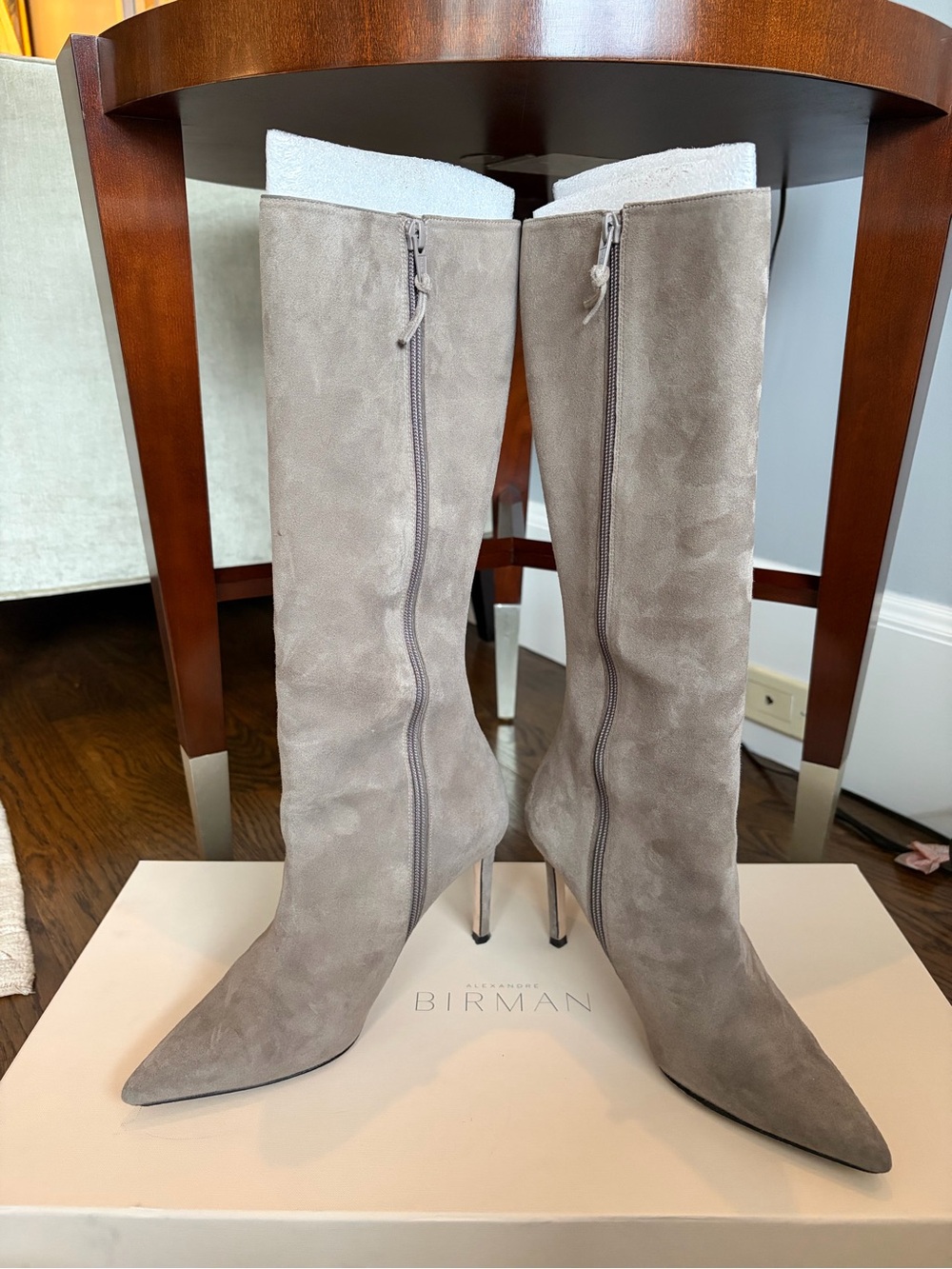 Alexandre Birman Porto Stiletto Knee Boots in Gray Suede, size 38.5